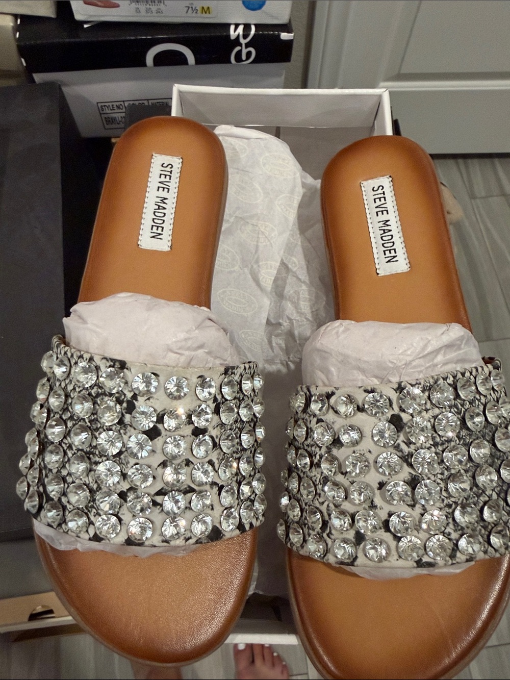 Steve Madden Snakeskin Slide Sandals with Silver Crystal Strap